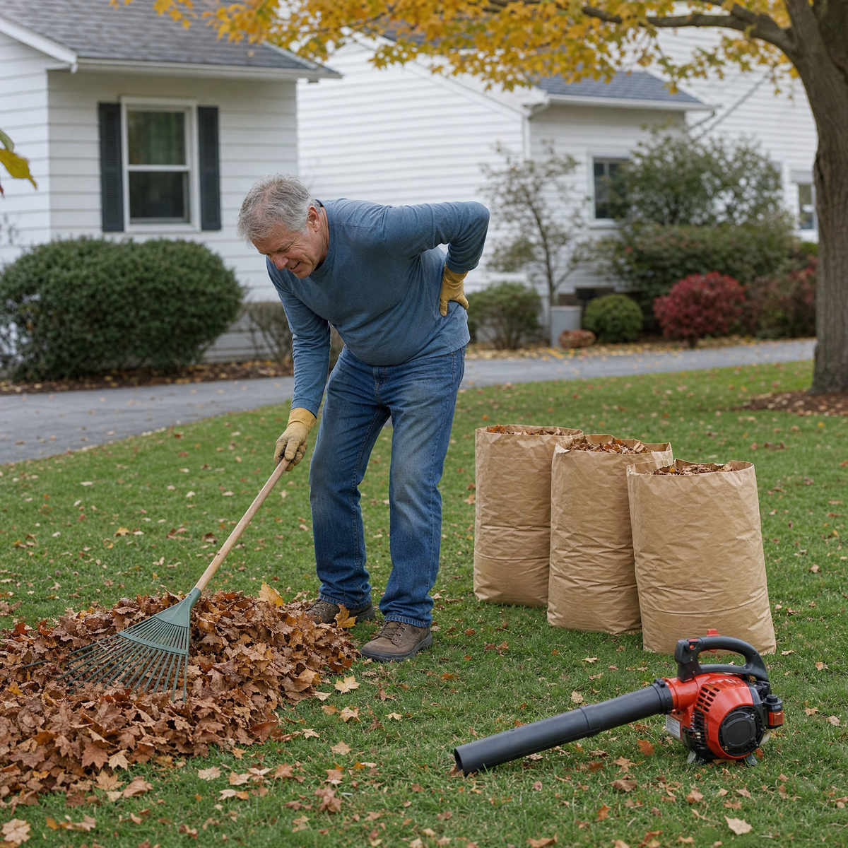 Man bent over raking leaves beside full leaf bags and a gas blower