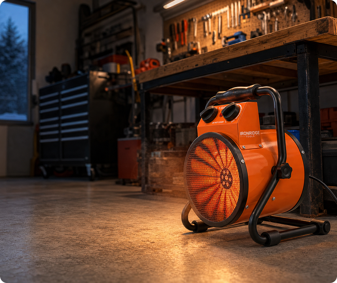 Orange IronRidge garage heater glowing under a workbench