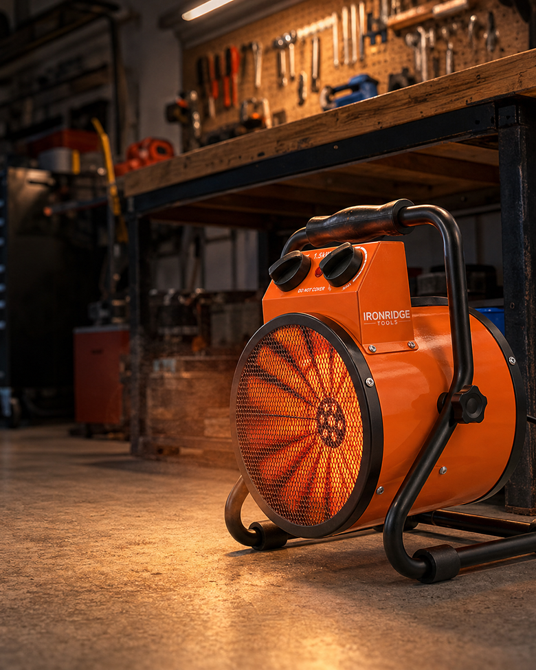 Orange IronRidge garage heater glowing under a workbench