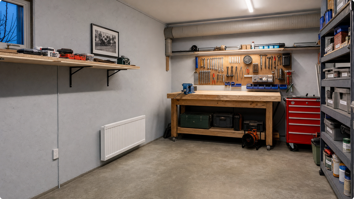 A tidy garage workshop with a workbench and tool wall
