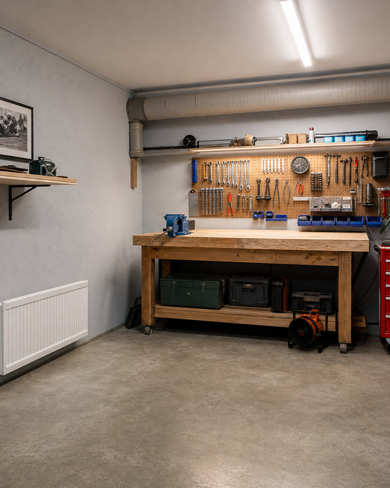 A tidy garage workshop with a workbench and tool wall