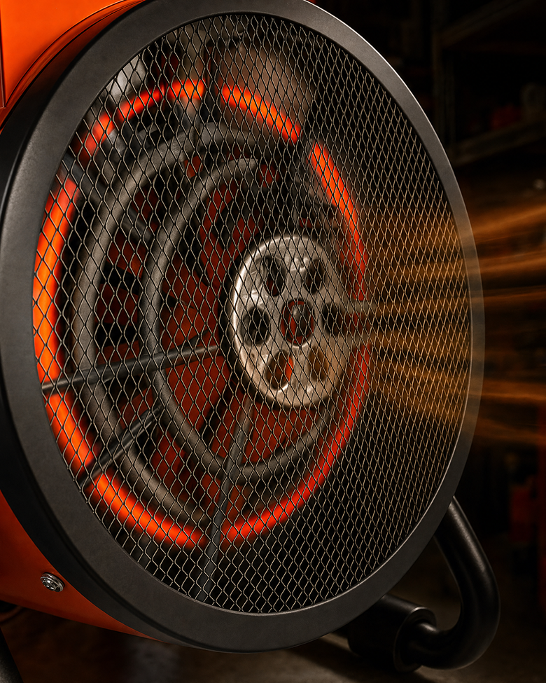 Close-up of the glowing heating coils behind the fan grille