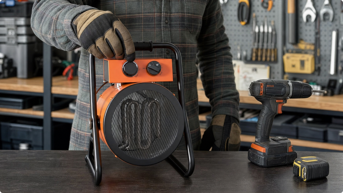 The compact heater sitting on a workbench