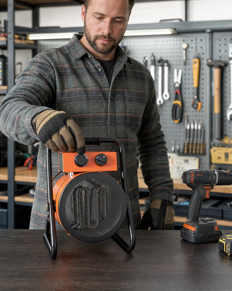 The compact heater sitting on a workbench