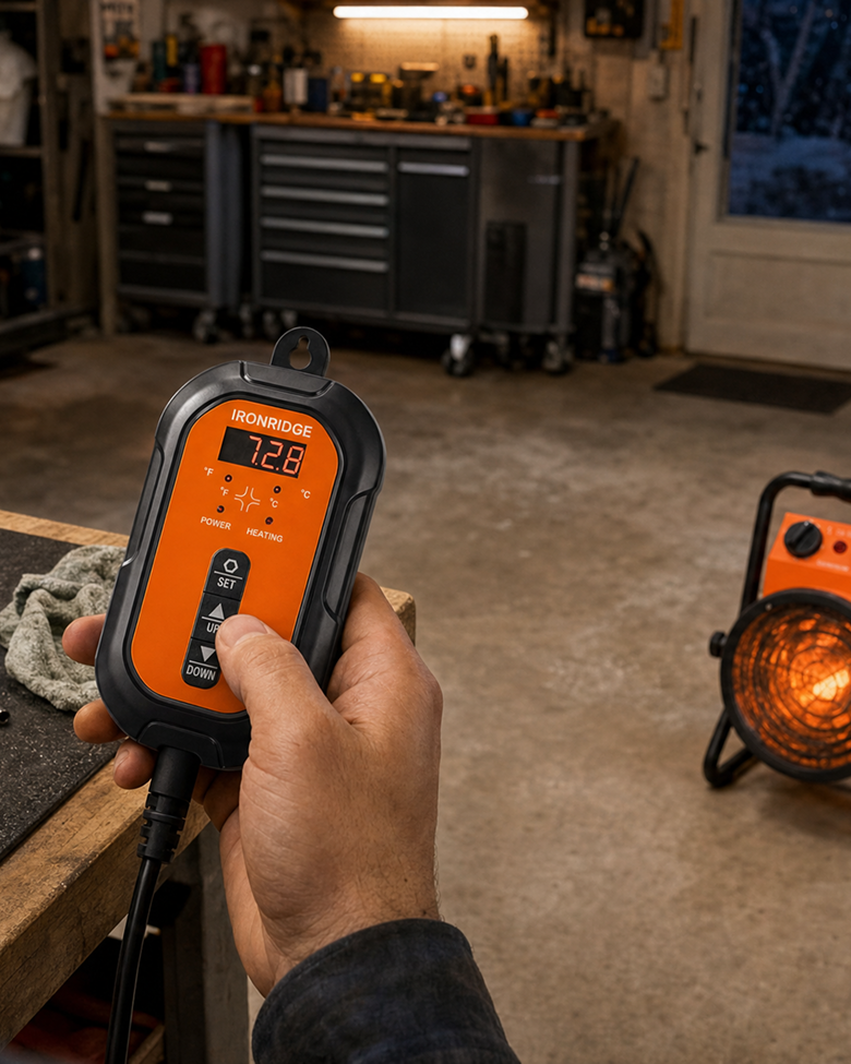A hand holding the heater's remote control in a garage