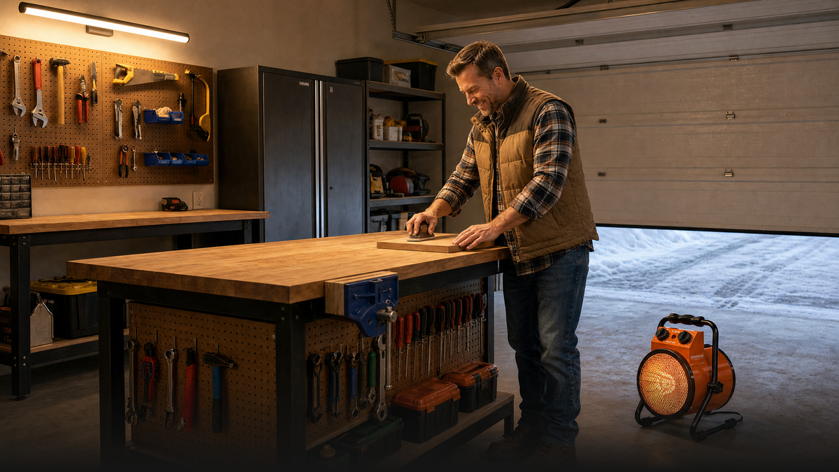 A man working at a garage workbench with the heater running while snow sits outside