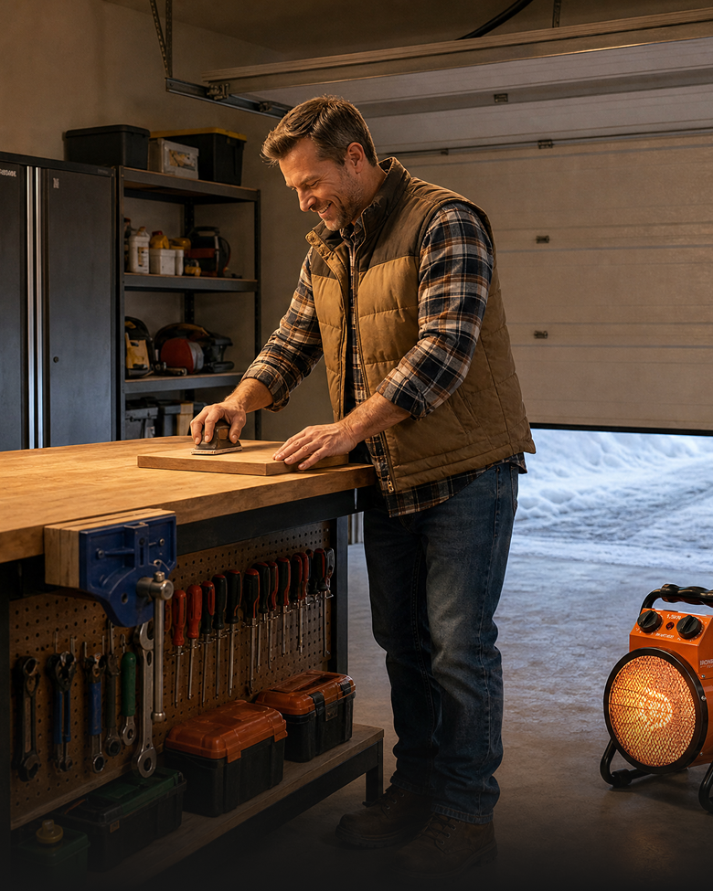 A man working at a garage workbench with the heater running while snow sits outside