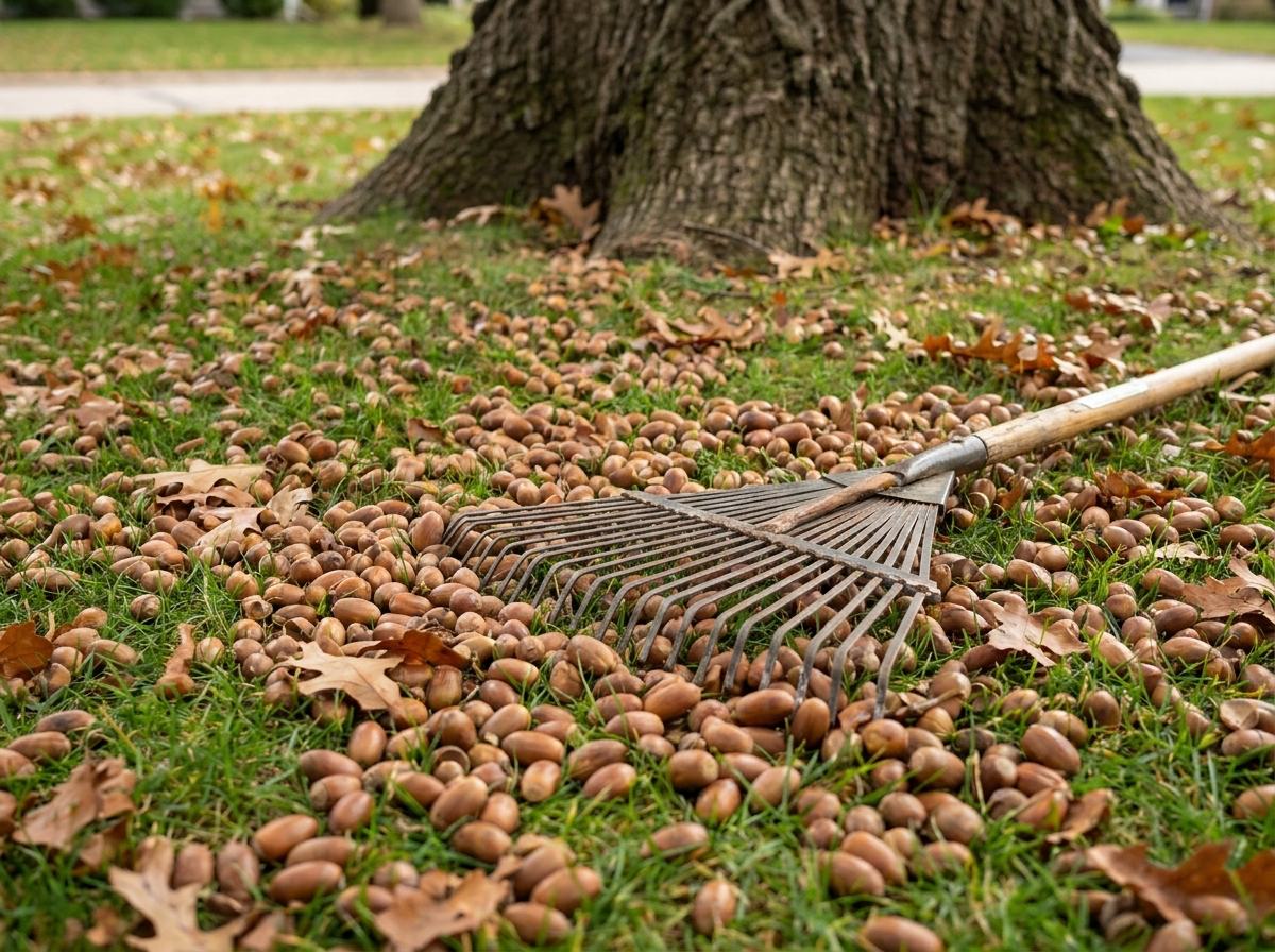 A rake lying in a lawn covered in acorns and leaves