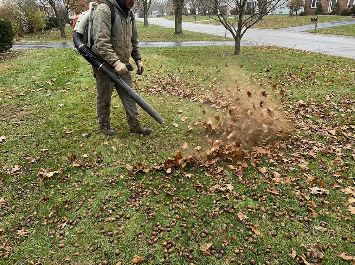 A leaf blower pushing leaves across a lawn while acorns stay put