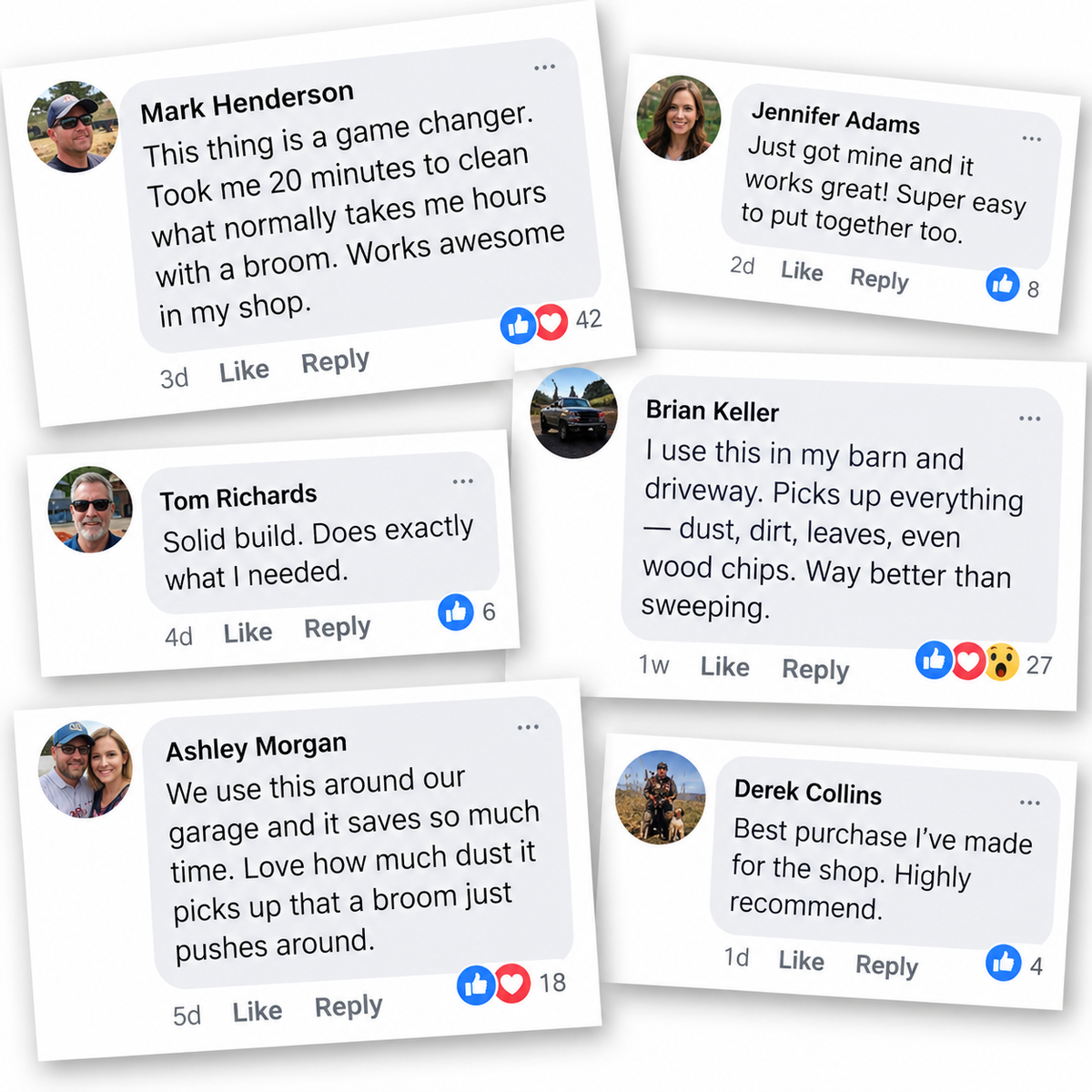 Facebook comments from shop owners praising the sweeper